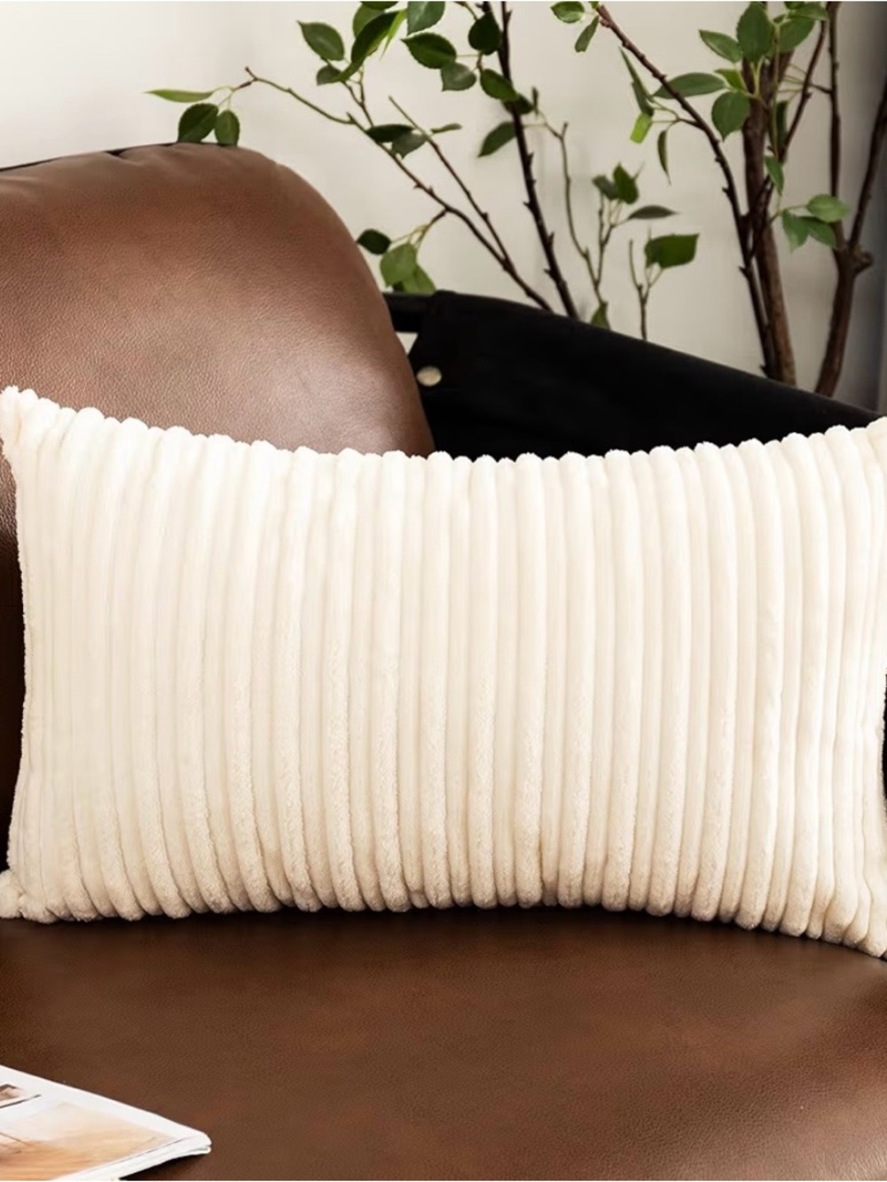 Cream Ribbed Velvet Lumbar Pillow Cover